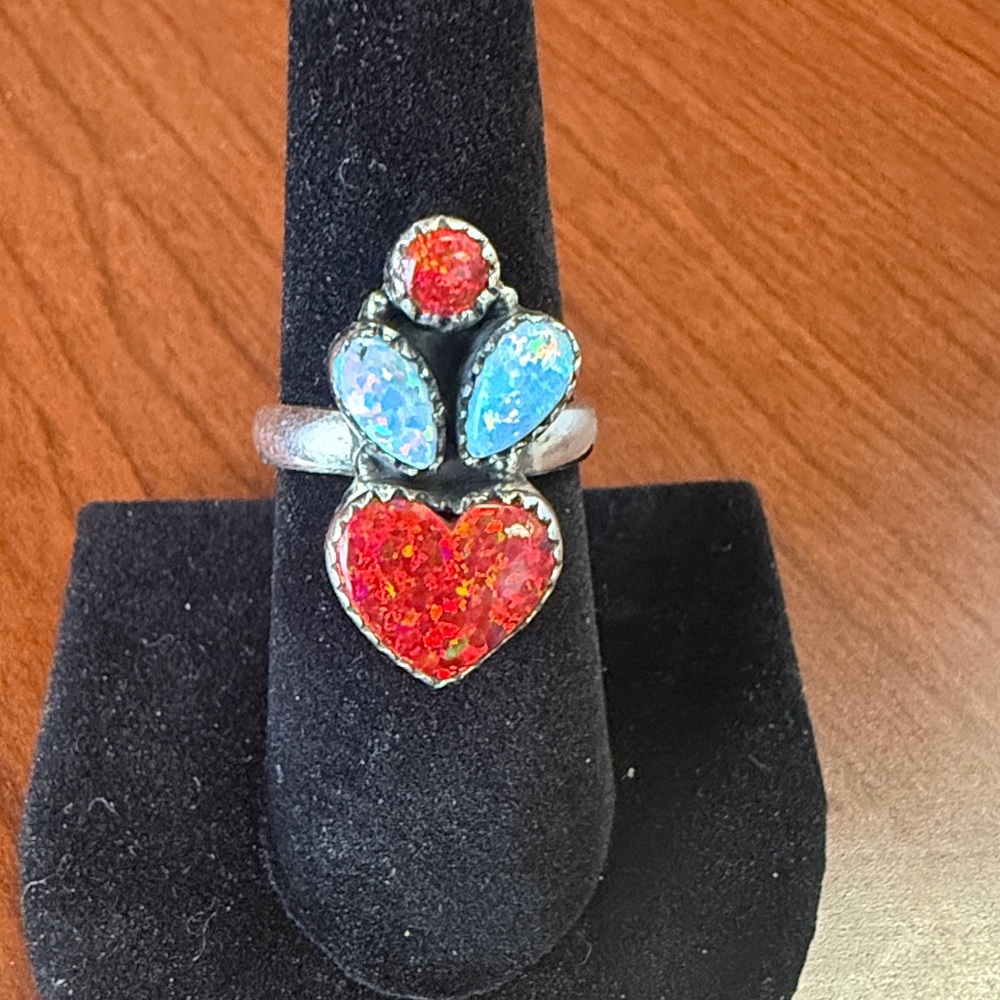 925 Sterling Silver and Opal Heart Statement Ring Adjustable Size
